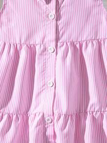女婴夏季新款条纹无袖翻领纽扣休闲衬衫裙，粉色条纹多层荷叶边裙 - 粉色 - 查看 4