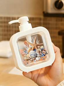 创意浴室洗手液瓶，配有手动泵，以海洋生物为主题，饰以蓝绿色海星、贝壳、鹅卵石和气泡等艺术图案，营造清新水彩美感，适用于浴室、厨房、洗手池等场所，可用于盛装洗手液、沐浴露和其他乳液。创意乳液瓶，乳液分配器，浴室配件。 - 彩色 - 查看 6