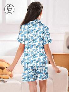 Disney Bộ đồ ngủ 2 mảnh in hình hoạt hình Stitch dành cho bé gái tuổi teen, chất liệu vải Charmeuse mềm mại và thoáng khí, áo tay ngắn và quần short cạp chun co giãn, phù hợp cho mọi mùa. - Xanh và trắng - Xem 2