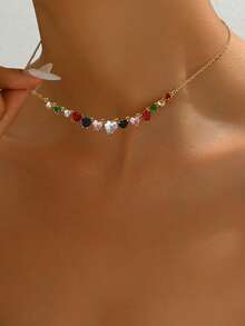 1pc Luxurious Elegant Rainbow Heart Zirconia Inlaid Clavicle Chain, Women's Valentine's Day Confession Gift Choice (Heart Pendant Color Random) - Multicolor - View 2