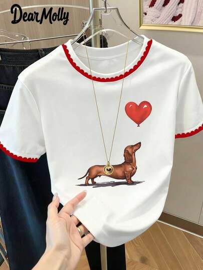 DEAR MOLLY 可爱夏季上衣，腊肠犬和漂浮爱心气球印花，女士休闲圆领短袖T恤，时尚条纹撞色T恤，适合休闲外出，情人节送给她的绝佳礼物