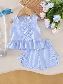 2pcs Baby Girls' Casual Blue Striped Vest + Shorts Set, Summer Beach Holiday - Baby Blue - View 5