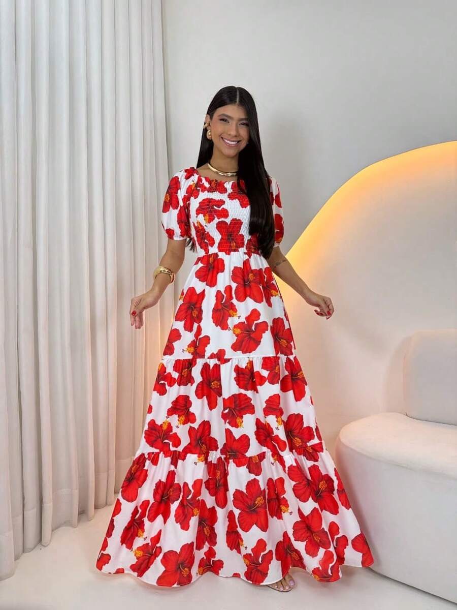 Long -Style Dress With Printed Sleeves - 紅花 - 查看 1