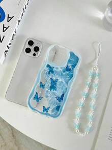 奶油色波浪边亮面蝴蝶彩绘防摔手机壳，配手工串珠手链，兼容 XR/11/12/13/14/15 Plus、16 Pro Max、17 Air 系列 - 彩色 - 查看 6