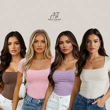 Set Of 4 Baby Look Blouses With Double Front Lining And Square Neckline. Simple. None. Vacation. Beach. - MARRÓN/ROSA/LILA/APAGADO - Ver 1