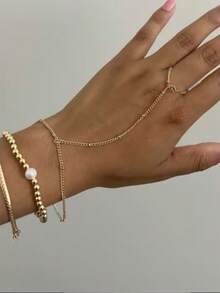 Set de 3 piezas de pulsera de cadena de dedo minimalista, cadena plana de serpiente y cuentas de CCB, adecuado para mujeres para uso diario, citas, fiestas, festivales de música y apilar - Amarillo Oro - Ver 1