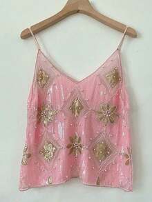 Women's Sequined Camisole Rhinestone V-Neck Sleeveless Camisole Summer Loose Vest Cropped Top - Hồng - Xem 1
