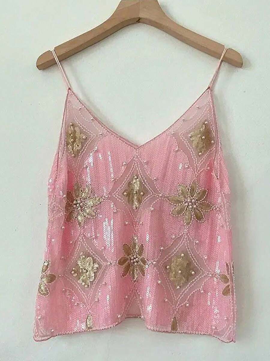 Women's Sequined Camisole Rhinestone V-Neck Sleeveless Camisole Summer Loose Vest Cropped Top - Hồng - Xem 1