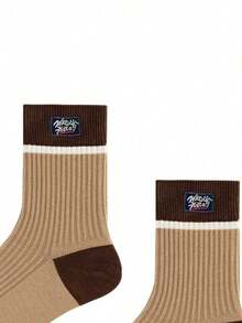 5 Pairs Men's Striped Color Block Print Brown Mid-Calf Socks, Color Block Sports Mid-Calf Socks, Color Block Ankle Socks, Sports Socks, Casual Socks Suitable For Daily Wear - Coffee Brown - View 5