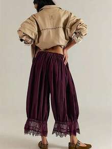 Women Lace Trim Long Bloomers Elastic Mid Rise Ruffle Pantaloons Cropped Flared Slips Pants Loungewear Summer Pettipants Capri Bottoms - Màu Đỏ Sâu - Xem 6