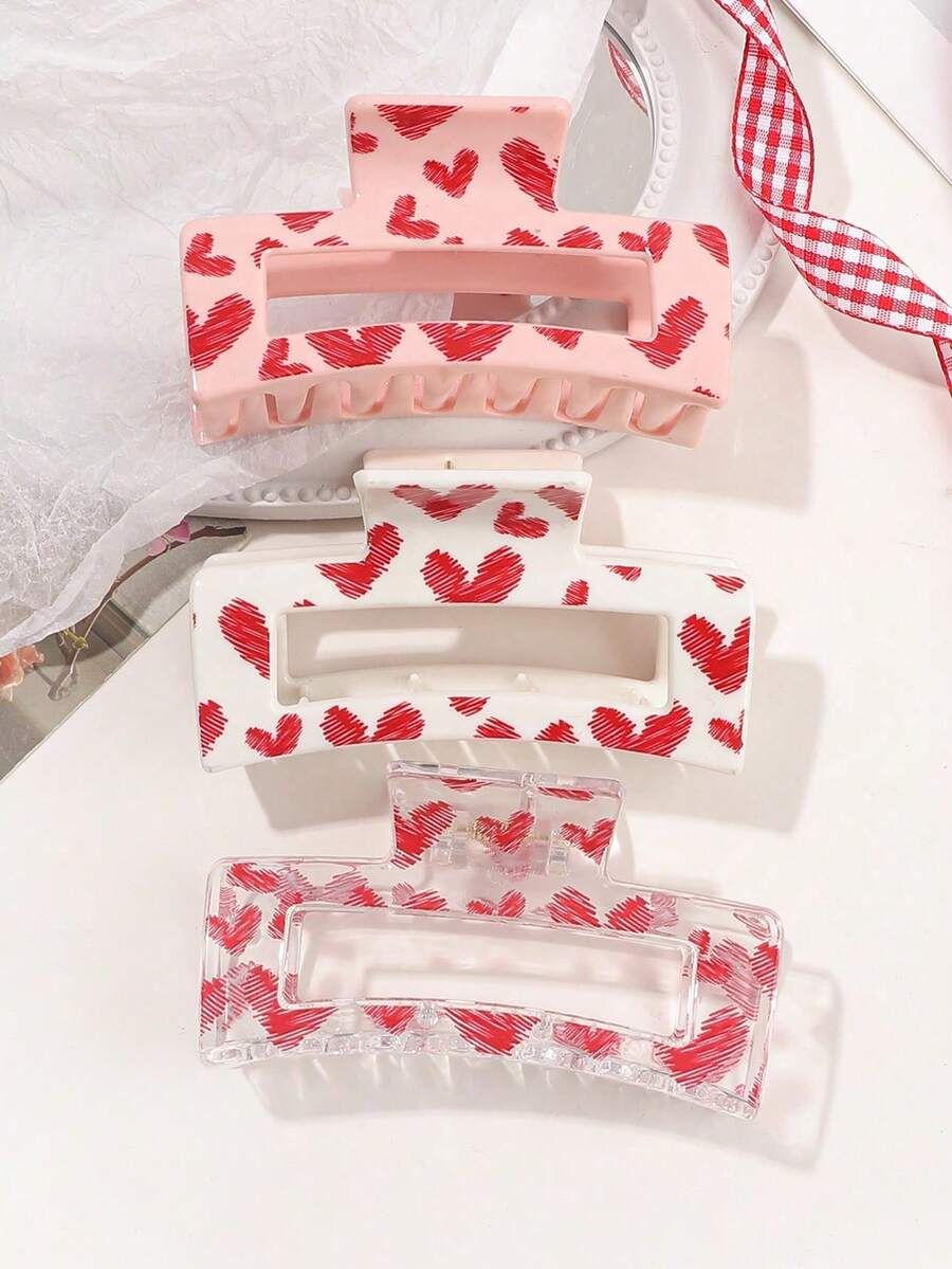 3pcs/Set Valentine's Day Pink Heart Heat Transfer Print Hair Claw, Minimalist Square Hair Clip, Sweet & Cute Streetwear, Everyday Hair Accessory - Multicolor - View 1
