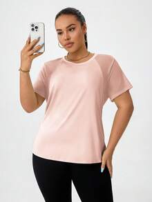T-shirt à manches courtes pour femmes grandes tailles, en maille texturée avec panneau, pour le yoga, la rue, la course, les exercices d'extérieur, les sports d'été - Rose pâle - Voir 7