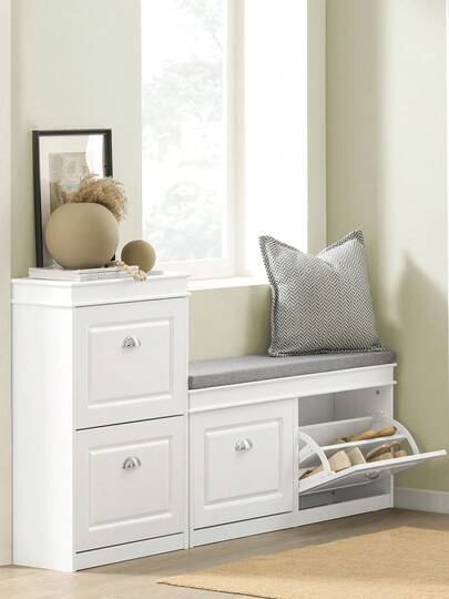 SoBuy Shoe Bench With Seat, Storage Bench With 2 Flaps, Narrow Shoe Cabinet With Bench & Shoe Rack, Space-Saving Shoe Storage For Hallways & Small Rooms, 104x52x24cm, White, FSR64-W