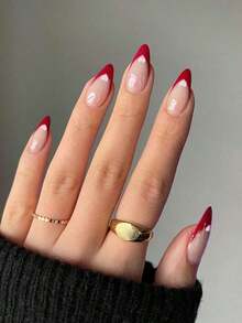 24pcs Almond-Shaped Red French Tip Press-On Nails, Almond Perfectly Fits Acrylic Nail Tips Set, Includes: 1pc Jelly Gel And 1pc Nail File, Easy To Wear French Manicure And Valentine's Day Nail Design, Suitable For Women's Daily Work And Parties. - 酒紅色 - 查看 9