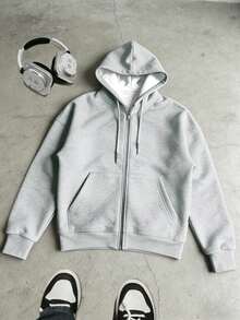 Sweatshirt Hoodie Pria Warna Polos dengan Resleting Penuh dan Banyak Kantong, Cocok untuk Pakaian Sehari-hari di Luar Ruangan, Olahraga Musim Semi & Gugur - Light Grey - View 6