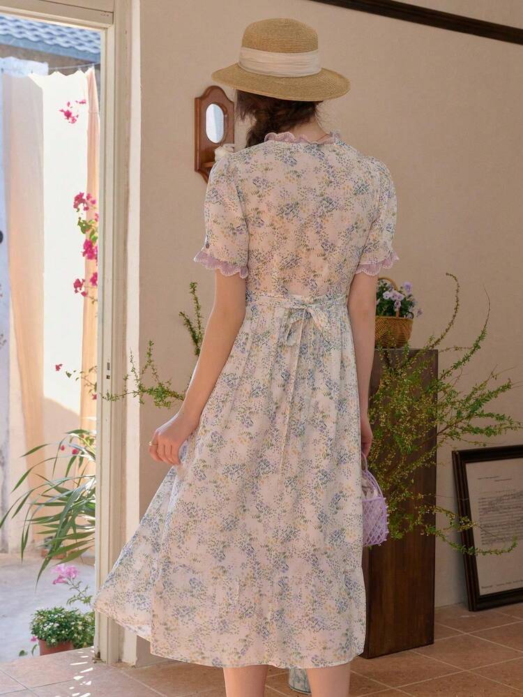 Simple Retro Đầm nữ mùa xuân/hè tay ngắn, xếp ly, phối màu tương phản, họa tiết hoa, màu trắng, lãng mạn, thanh lịch, kiểu retro, ôm sát, dài ngang gối. - Xem 2