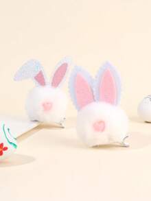 2个装复活节兔子发夹，女士可爱闪亮耳朵鳄鱼夹，心形绒球头饰，女士发饰 - 白色 - 查看 4