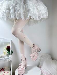 1 Pair Women's Ivory Sexy Velvet Bow Rhinestone Stockings Pantyhose - milky white - View 4
