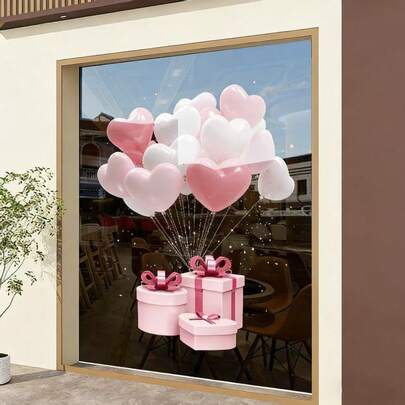 1 Volume Qixi Valentine's Day Love Balloon Gift Box Shopping Mall Festival Atmosphere Scene Layout Decoration Layout Electrostatic Adsorption Glass Door And Window Stickers Glue Free