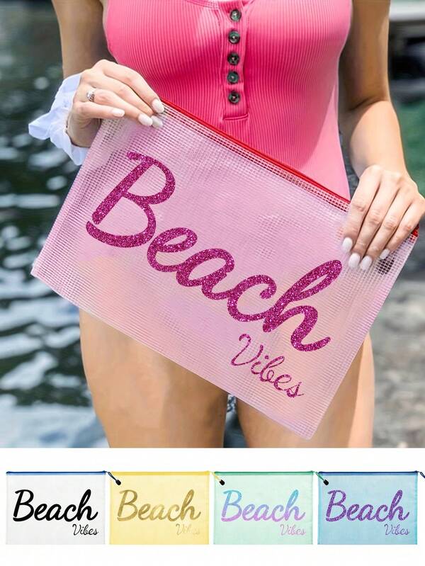 1个PVC时尚沙滩包，印有“Beach Vibes”彩色图案和彩色字母，轻便泳包，大容量透明化妆包，轻便防晒收纳袋，男女通用必备拉链小包，沙滩包配件，情人节和斋月礼物