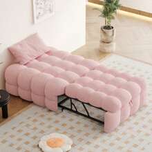 Upholstered Bed, 2-In-1 Footstool, Pull-Out Sofa Bed, Single Bed, Puffy Bed, Teddy Fabric, Pink - Pink - View 1