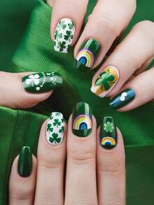 24pcs St. Patrick's Day Clover Rainbow Press On Nails Coffin , Green Nails Supplies Art Perfect For Everyday Wear - Multicolor - View 1