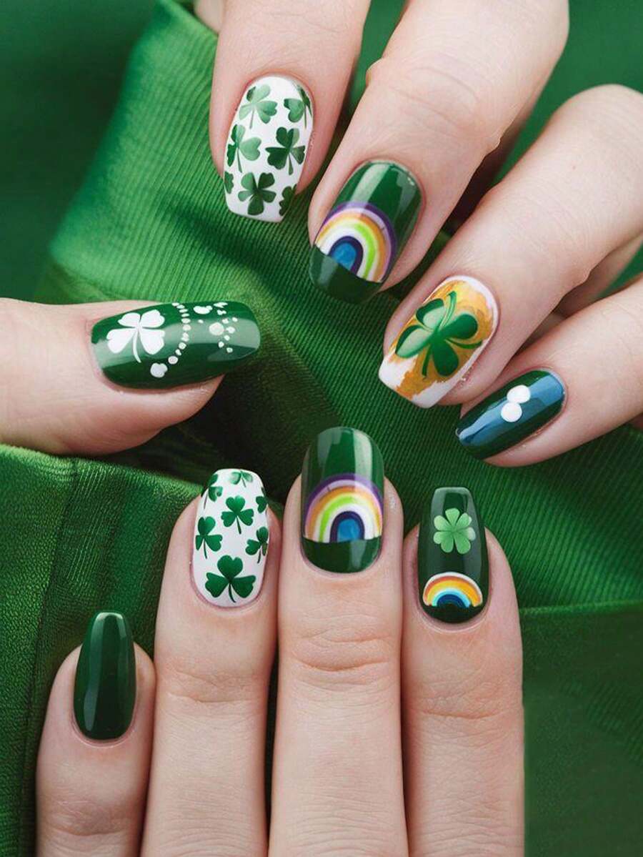 24pcs St. Patrick's Day Clover Rainbow Press On Nails Coffin , Green Nails Supplies Art Perfect For Everyday Wear - Multicolor - View 1