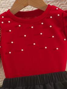 Conjunto de 2 peças com Top de Gola Redonda e Manga Bufante com Decoração de Pérolas e Saia com Bainha Franzida e Cintura Elástica, Estilo Vintage, Primavera/Verão - Vermelho - Visão 5