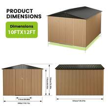 Cobertizo de almacenamiento metálico para exteriores de 3 x 3,6 m, de acero galvanizado, con puertas con cerradura, gran espacio para guardar herramientas y utensilios, ideal para patio, jardín, exterior, color marrón. - Marrón - Ver 6