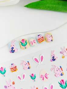 1 Easter Themed Children's Nail Sticker, Cartoon Rabbit Easter Egg Bow 3D Nail Sticker, Girl Easter Party Decoration Nail DIY Toy Baby Holiday Gift Easy To Stick And Tear Easter Children's Fun Nail Decoration Sticker Suitable For Girls Aged 3-12 Years Old Easter Elemental Nail Sticker - Multicolor - View 5