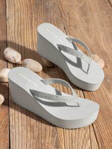 Women'S Platform Flip Flop Rhinestones Arch Support Comfortable Soft Cushion Wedge Flip Flops Summer Thong Sandals - Xám - Xem 3