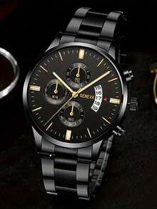 Bộ quà tặng đồng hồ nam (1 món/bộ), một món quà phổ biến và thiết thực dành cho nam giới, phù hợp cho công sở, các buổi họp mặt Giáng sinh, các sự kiện năm mới, quà tặng cảm ơn tốt nghiệp, v.v. Bộ sản phẩm bao gồm 1 đồng hồ thời trang, 1 vòng tay, 1 dây chuyền đen và 1 nhẫn nam - tổng cộng 4 món trang sức nam. - Vàng - Xem 4