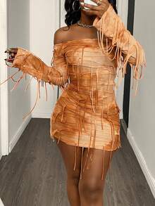 Y2K Long Sleeve Off-Shoulder Ruched Fitted Dress With Unique Print - Burnt Orange - View 4
