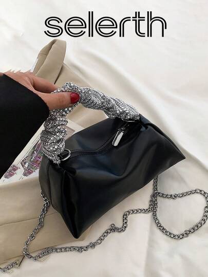 1pc Black PU Elegant Minimalist Pleated Textured Comfortable Handle Metal Chain Smooth Zipper Lightweight Crossbody Tote Bag, Suitable For Festivals, Shopping, Dating, Gifting, Suitable For Women, Teenage Girls, Female College Students, Beginners And White-Collar Workers, Perfect For Office, University, Work, Business, Commuting, Outdoor, Dating, Going Out, Portable