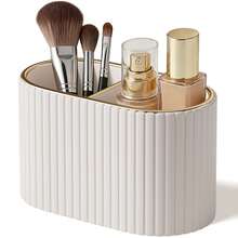 Hộp đựng cọ trang điểm/Hộp trưng bày mỹ phẩm bằng da PU/Giá đựng cọ trang điểm kẻ sọc cổ điển - Thích hợp để trang trí bàn trang điểm, mặt bàn phòng tắm, hộp trưng bày mỹ phẩm trên bàn làm việc (màu kem), trang trí phòng trang điểm. - Nhiều màu - Xem 10