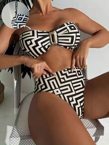 2025夏季新款黑色格子随机印花休闲度假露肩比基尼套装，适合海滩、音乐节、度假等场合 - 彩色 - 查看 3