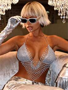 Women's Rhinestone Lingerie Tops Cute Sleeveless Backless Spaghetti Strap Halter Bra Tanks - White - View 1