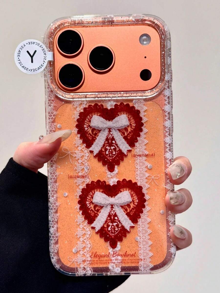 Y2k Cute Bling Glitter Heart Bow Lace Phone Case Compatible WIth IPhone 17 Pro Max 17 Pro 17 16 Pro Max 16 Pro 16 15 Pro Max 15 Pro 14 Pro 13 Pro Max 13 Pro 12 Pro Max 15 14 13 12 11 14Plus Stylish Polka Dot Clear Back Cover - Bow Heart Lace - View 1