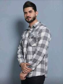 Men's Long-Sleeved Plaid Flannel Dress Shirt, Regular Fit, Buttons Down The Front, With Pocket. - 淺灰色 - 查看 4