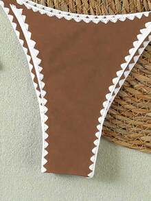 女士优雅夏季复古波浪下摆驼色抹胸系带比基尼套装，高端度假泳装，适合春季、海滩、浪漫约会和假期穿着。 - 駝色 - 查看 6