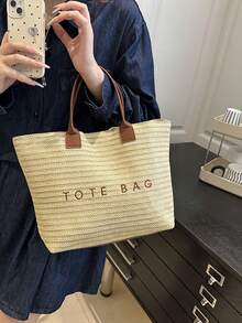 Woven Straw Tote Bag, Beach Vacation "TOTE BAG" Print Straw Handbag, Versatile As Beach Tote, Summer Handbag, Grocery Bag, Bohemian Summer Touch, Suitable For Beach Lovers, Boho Style Enthusiasts, Women, Travelers, Perfect For Beach Trips, Summer Vacations, Casual Outings - 彩色 - 查看 4