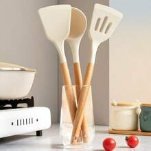 1/3件套木柄硅胶铲套装，耐热不粘锅具烹饪用具 - 白色 - 查看 12