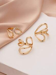 3pcs Fashionable Rhinestone Geometric Adjustable Rings Set, Suitable For Women's Daily, Date, Party, Stacking - Yellow Gold - View 4