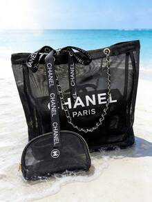 CHANEL 黑色透明网纱手提包和化妆包套装，大容量沙滩包，用途广泛，适合通勤、购物、海滩旅行和休闲外出，是送给女性的奢华高端礼物，也是时尚的化妆包和洗漱用品收纳包。 - 黑色 - 查看 8