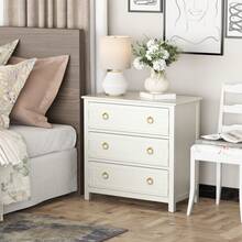 COZAYH Farmhouse 3-Drawer Dresser Chest Cabinet With Bronze Metal Ring Handles, Vintage French Country Nightstand, White - 白色 - 查看 7