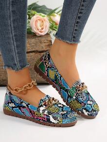 2025 Spring/Autumn/Summer Snake Skin Pattern Gold Chain Women's Fashion Casual Versatile Comfortable Breathable Soft Bottom Flat Shoes - Green - View 3