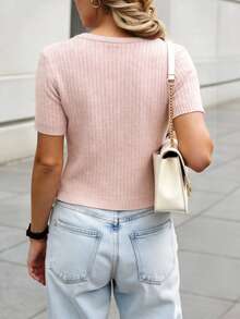 适合娇小身材女性的时尚休闲通勤春夏针织短袖上衣，粉色 - 粉色 - 查看 3