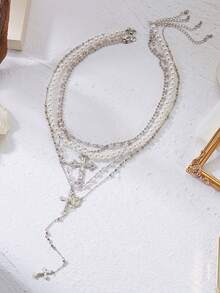 Znice 四件套时尚个性化十字架吊坠项链，嘻哈风格，小众拼接，珍珠长链，锁骨链，父亲节，母亲节 - 4件套款式6 - 查看 7