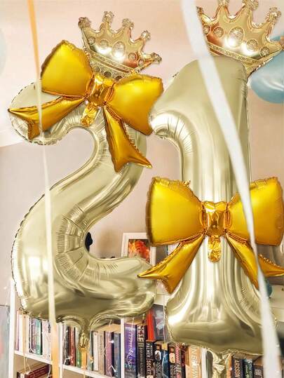 Bộ 4 bóng bay số 0-9 màu trắng và vàng, kích thước 40 inch, bóng bay hình nơ vàng, bóng bay hình vương miện, thích hợp trang trí tiệc sinh nhật, kỷ niệm, họp mặt gia đình.