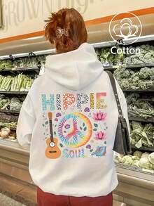 HIPPIE SOUL Printed Women's Autumn/Winter Warm Wool-Lined Cotton Dropped Shoulder Long Sleeve Casual Sweatshirt, Soft & Comfortable, Suitable For Cold Weather, Y2K Style, Suitable For Valentine's Day, Carnival, Party, Beach, Wedding, Gym, Elegant, Vacation - White - View 2